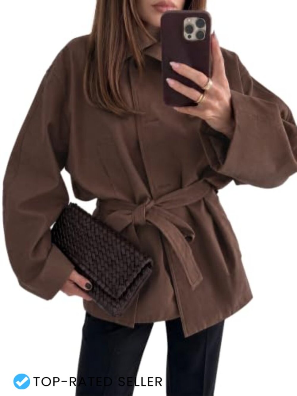 Women's Oversized Short Trench Coat with Belt Stand Collar Fall Jacket